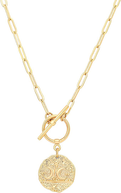 Paper Clip Moon & Star Medallion Necklace
