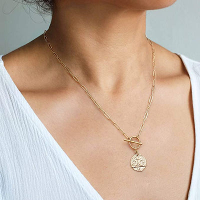 Paper Clip Moon & Star Medallion Necklace